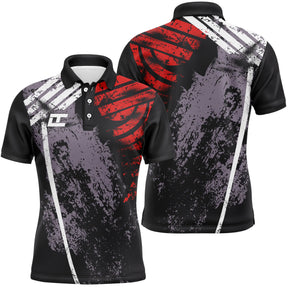 Polo sport homme noir profond explosion graphique rouge grunge épaule manche accents blancs dynamiques séchage rapide