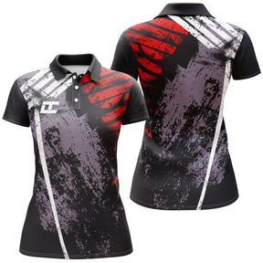 Polo sport femme noir et rouge effet peinture grunge dynamique coupe ajustée séchage rapide
