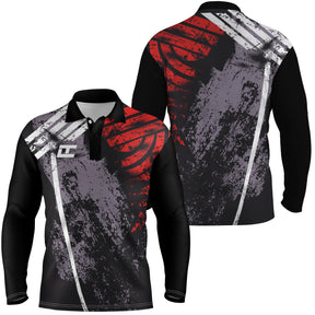 Polo manches longues sport unisexe noir et rouge motif grunge épaule manche tissu technique respirant