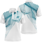 Polo golf homme blanc motif vague pointillée turquoise épaule dégradé devant coupe ajustée séchage rapide été