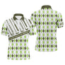 Polo de golf argyle vert pomme gris et noir avec slogan La vie est pleine de choix importants au dos, prénom brodé au front
