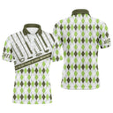 Polo de golf argyle vert pomme gris et noir avec slogan La vie est pleine de choix importants au dos, prénom brodé au front