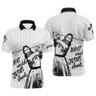 Polo golf personnalisé blanc noir avec silhouette Jesus en swing et lettrage What would Jesus shoot, prénom sur manche