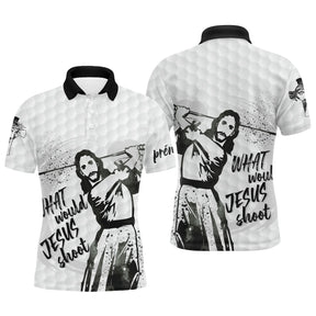 Polo golf personnalisé blanc noir avec silhouette Jesus en swing et lettrage What would Jesus shoot, prénom sur manche