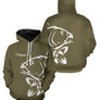 Sweat à capuche pêche carpe kaki personnalisé silhouette blanche et prénom calligraphié