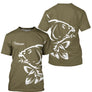 T-shirt pêche carpe personnalisé kaki avec silhouette blanche de carpe et prénom calligraphié