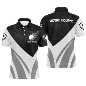 Polo golf personnalisé homme noir et blanc avec balle de golf enflammée et texture alvéoles caractéristique