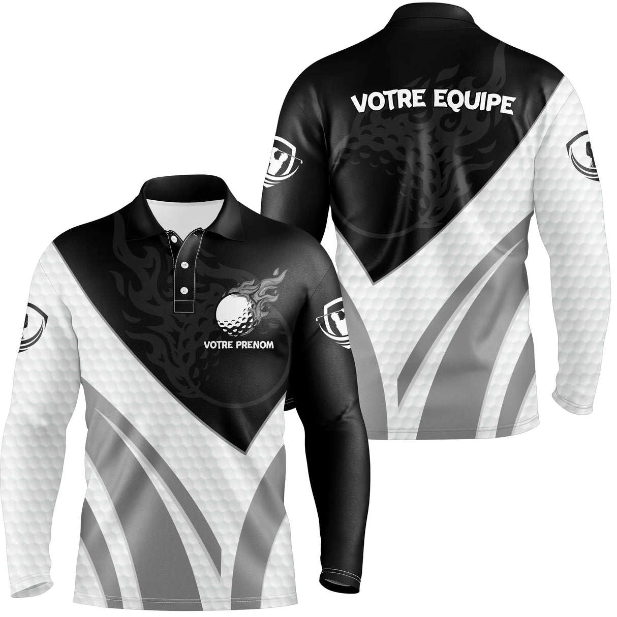 Polo de Golf Personnalisé Homme & Femme – Manches Courtes ou Longues, Design Noir et Gris Équipe & Prénom - A10092406 - Polo manches longues Homme