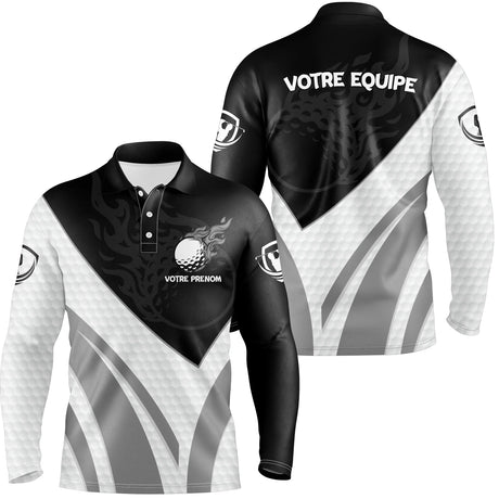 Polo de Golf Personnalisé Homme & Femme – Manches Courtes ou Longues, Design Noir et Gris Équipe & Prénom - A10092406 - Polo manches longues Homme