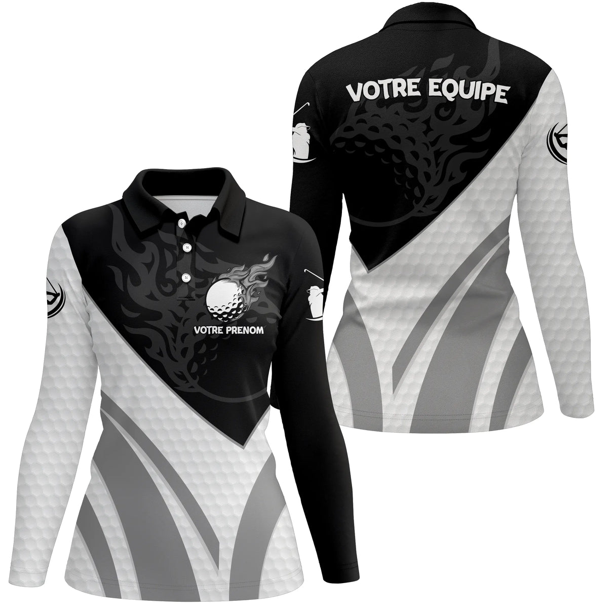 Polo de Golf Personnalisé Homme & Femme – Manches Courtes ou Longues, Design Noir et Gris Équipe & Prénom - A10092406 - Polo manches longues Femme