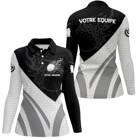 Polo de Golf Personnalisé Homme & Femme – Manches Courtes ou Longues, Design Noir et Gris Équipe & Prénom - A10092406 - Polo manches longues Femme