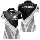 Polo golf personnalisé femme noir et blanc en coupe ajustée avec balle enflammée et marquage prénom