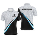 Polo golf personnalisable homme blanc et bleu avec motif étoiles graphiques et silhouette golfeuse