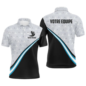 Polo golf personnalisable homme blanc et bleu avec motif étoiles graphiques et silhouette golfeuse
