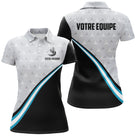 Polo golf personnalisable femme blanc et bleu en coupe ajustée avec silhouette golfeuse et bande bleue