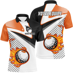 Polo manches courtes Femme golf personnalisé orange et noir design flamme et nom d'équipe au dos