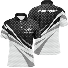 Polo manches courtes Femme golf personnalisé noir et blanc avec clubs croisés et prénom au cœur