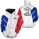 Sweat à capuche pétanque blanc tricolore avec joueur silhouette et slogan bouliste passionné
