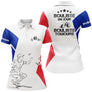 Polo manches longues Femme pétanque blanc tricolore avec slogan bouliste un jour toujours