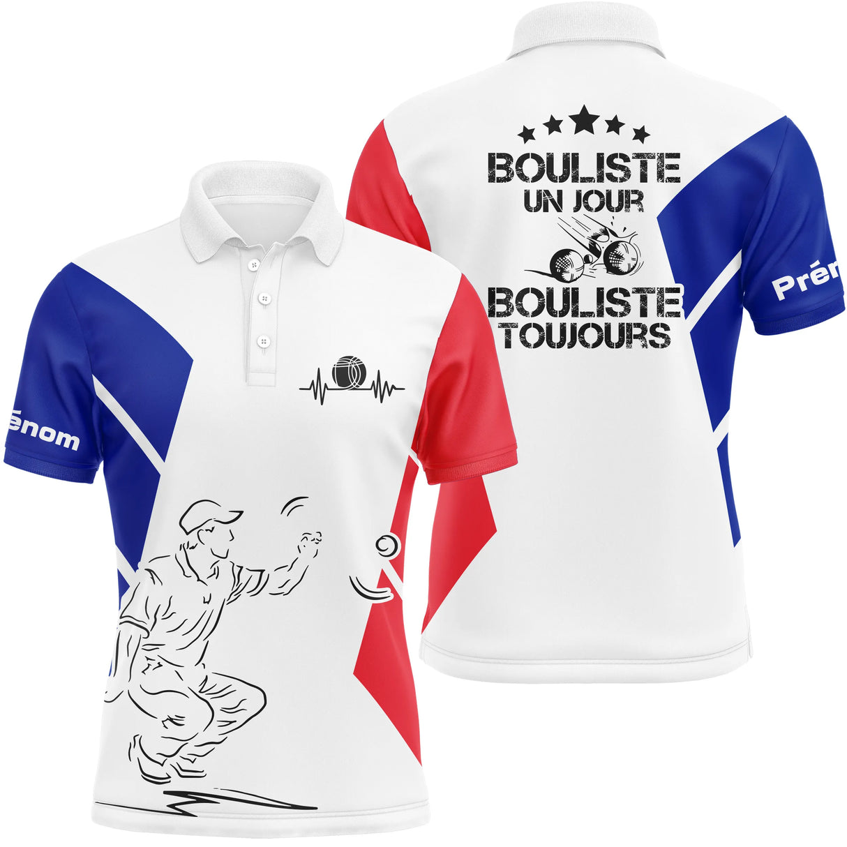 Polo pétanque Femme blanc tricolore bouliste un jour toujours avec joueur silhouette et prénom