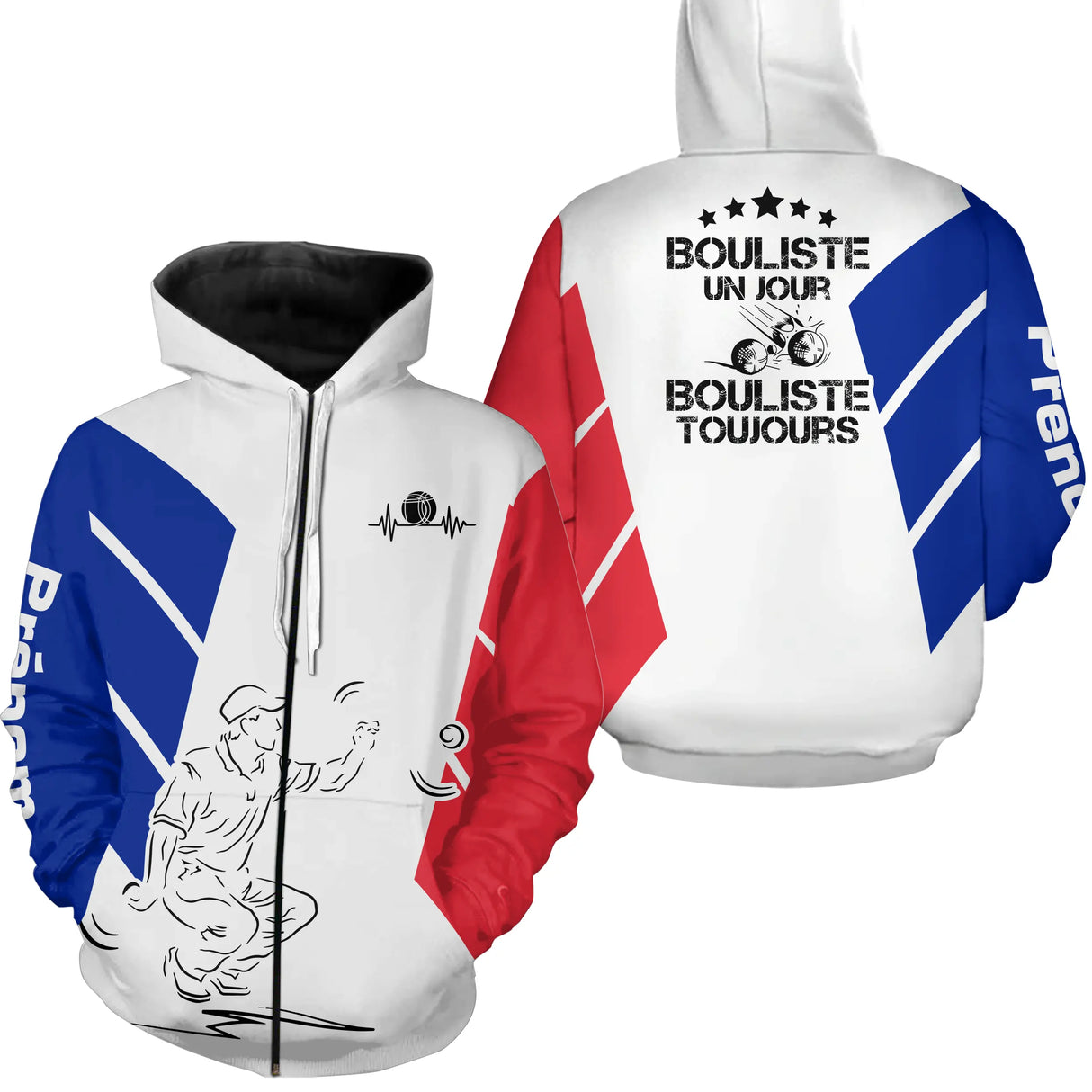 Maillot Pétanque Personnalisé France – Style Tricolore Rehaussé – Bouliste Passionné - A10092410 - Sweat à capuche zippé