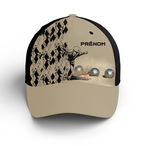 Casquette pétanque bleue joueur lancer boules métalliques prénom broderie côté bouliste personnalisée