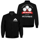 Veste zippée pétanque retraité noire avec slogan J'peux pas je suis Retraité bannière rouge