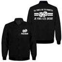 Veste zippée pétanque noire avec slogan dilemme bouliste tireur pointeur boules stylisées blanches