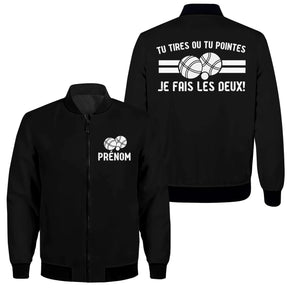 Veste zippée pétanque noire avec slogan dilemme bouliste tireur pointeur boules stylisées blanches