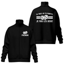 Veste col montant pétanque noire avec slogan dilemme bouliste tireur pointeur typographie blanche