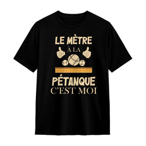 T-shirt pétanque noir avec slogan Le Mètre c'est Moi typographie beige et boules stylisées