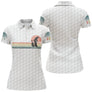 Polo golf blanc femme avec motif golfeur vintage et soleil couchant rétro