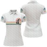 Polo golf blanc femme avec motif golfeur vintage et soleil couchant rétro