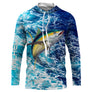 T-shirt anti UV à capuche pêche thon motif océan all-over vagues bleu marine et turquoise, thon argenté sur le côté, prénom