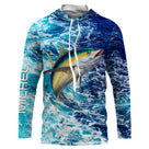 T-shirt anti UV à capuche pêche thon motif océan all-over vagues bleu marine et turquoise, thon argenté sur le côté, prénom
