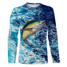 T-shirt manches longues pêche thon motif océan, vagues écumeuses et thon, prénom brodé manche