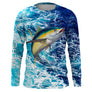 T-shirt anti UV manches longues pêche thon motif vagues, design immersif marin, vêtement halieutique pêcheur en mer