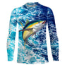 Tee shirt anti UV pêche thon vue dos, motif vagues all-over et thon en saut, vêtement technique pour pêcheur en mer