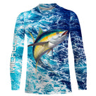 Tee shirt anti UV pêche thon vue dos, motif vagues all-over et thon en saut, vêtement technique pour pêcheur en mer