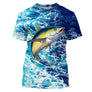 T-shirt manches courtes pêche thon océan, motif vagues all-over et thon argenté, accessoire personnalisable pour pêcheur