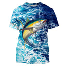 T-shirt manches courtes pêche thon océan, motif vagues all-over et thon argenté, accessoire personnalisable pour pêcheur