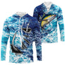 T-shirt anti UV à capuche pêche thon jaune avec deux thons à nageoire jaune et grand hameçon graphique sur fond bleu marine