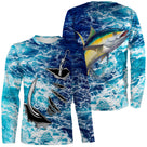 T-shirt manches longues pêche thon jaune et hameçon, design coloré bleu jaune, vêtement halieutique unisexe