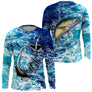 T-shirt anti UV manches longues pêche thon jaune et hameçon, design dynamique bleu marine, vêtement halieutique pêcheur