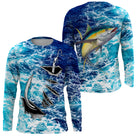 T-shirt anti UV manches longues pêche thon jaune et hameçon, design dynamique bleu marine, vêtement halieutique pêcheur