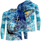 Tee shirt anti UV pêche thon jaune vue dos, motif thons et hameçon, vêtement technique pour pêcheur en mer