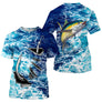 T-shirt manches courtes pêche thon jaune, hameçon stylisé et thons en action, accessoire halieutique pour pêcheur