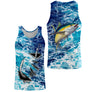 T-shirt halieutique pêche thon jaune & hameçons, coupe technique respirante, design vagues bleu marine