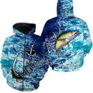 Polo zippé manches longues pêche thon jaune & hameçons, tenue technique pour skipper et guide pêche