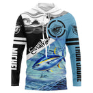 T-shirt anti UV à capuche pêche thon jaune Fish On Tahiti, moitié noire avec palmier et moitié turquoise avec thon, prénom